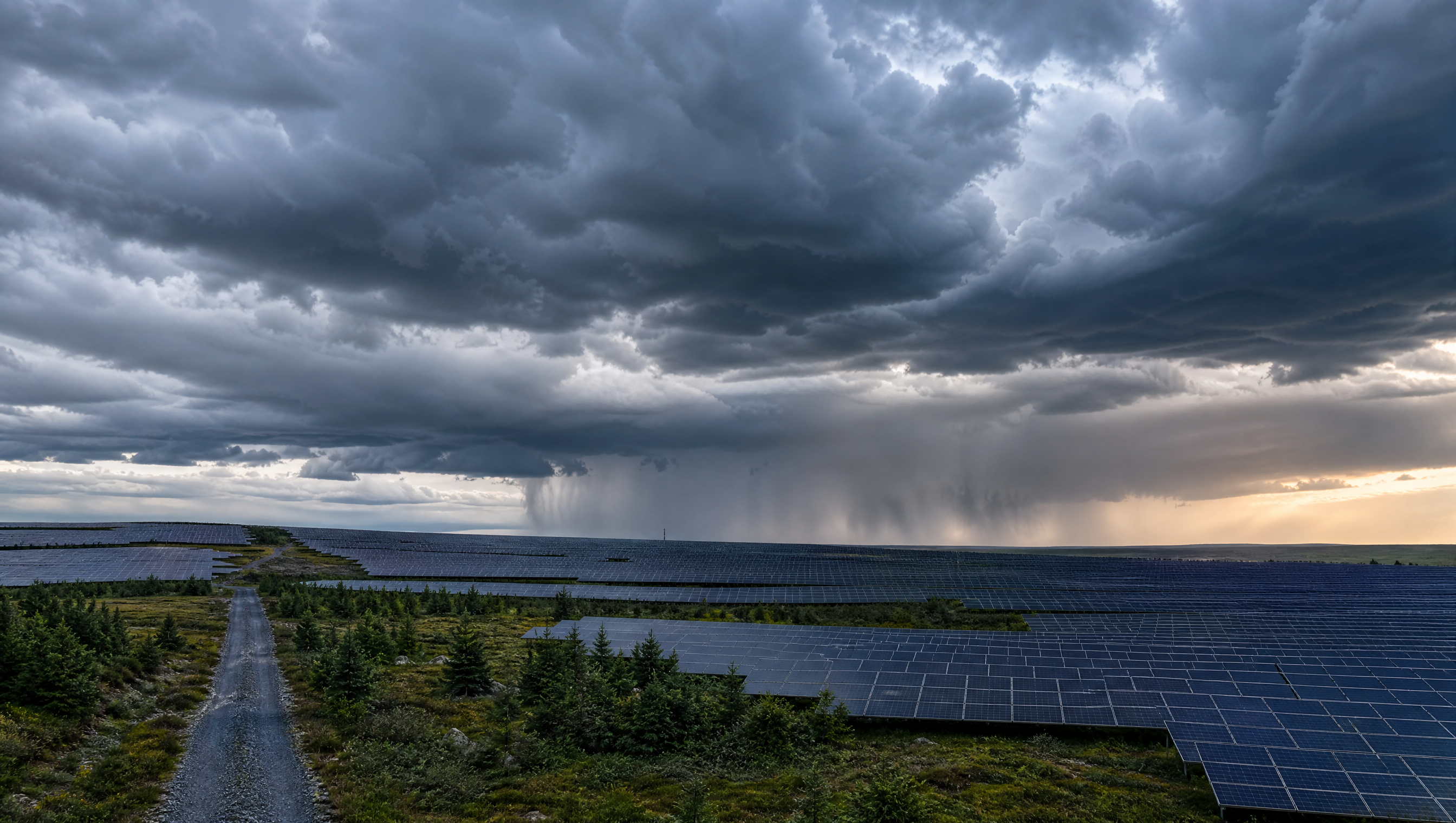 A solar park stretching to the horizon under approaching storm clouds